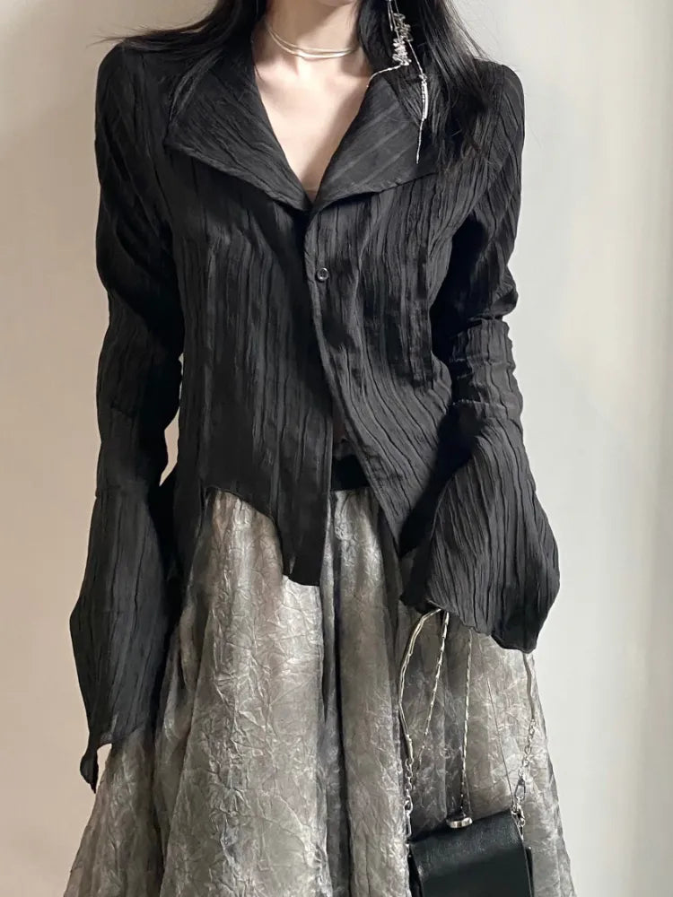 Y2k Blouse Women Vintage Black Shirt Gothic Harjauku Pleated Button Up Korean Dark Tight Long Sleeve Aesthetic Female
