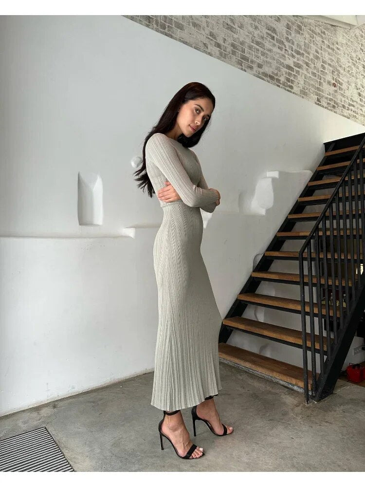 Women Autumn Winter Solid Maxi Long Sweater Dress Elegant Casual Fashion Pullover Bodycon Slim Streetwear Knitted Dress New