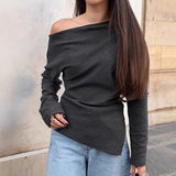 Pbong  New Autumn Women Solid Color Sexy Spicy Girl Slanted Neck Off Shoulder Pullover Regular T-Shirt Fashion Top for Women