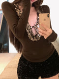 Solid V-Neck Sequin Women’s Long Sleeve Tops Y2k Slim Fit Chic Design Fashion Trendy Clothes