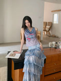 Romance Off The Shoulder Floral Sleeveless Mesh Top Gradient Blue Summer Tank Top Woman 2025 Korean Fashion