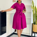 Pbong  Fashionable Pure Color Belted Short Sleeve plus Size Dress Elegant Summer Women's Clothing V-neck Knee-length Dress