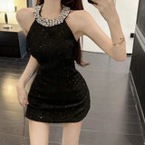 Pbong  Women's Black Sparkly Halter Sleeveless Bodycon Mini Dress Rhinestone Collar Glitter Party b Evening Dress