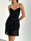 Pbong  Spaghetti Strap Bodycon Short Dresses for Women V Neck Sleeveless High Waist Patchwork Lace Mesh Hem Dress Female