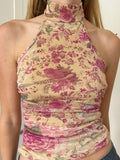 Boho Summer Vintage Floral Print Turtleneck Halter Top Women Backless Sleeveless Elegant Sexy Ruched Two Layer Mesh Tank Vest