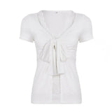 Pbong  High Street American Spliced Lace Fake Two Piece Y2k Pleated Bow Design Spice Girl Clothes Summer Sweet Casual Punk Tops