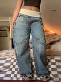 High-Waist Paneled Straight-Leg Jeans Light Blue Relaxed-Fit 2026 Spring Edgy Women Bottoms Fashion Casual Retro Denim Pants