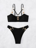 Ring Linked Harness Bikinis Black Swimsuit Solid Swimwear Women Bathers Bathing Swimming Suit Female Beachwear Summer
