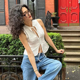 y2k Tank Top Women Summer Clothes White Flower Embroidery Mock Neck Front Cutout Sleeveless T Shirt Vest Streetwear