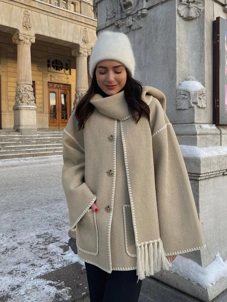 Fashion Loose Wool Coat With Scarf Women Elegant Pockets Long Sleeve Warm Jacket Lady Winter Single Breasted Thick Outwear