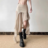 Women Clothes Vintage Y2K Harajuku Aesthetic Fairy Asymmetrical Skirts Summer Female Sexy Split Solid High Waist Slim Midi Skirt
