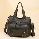Pbong  Vintage Large Capacity Tote Bag with Multiple Zipper Pockets Rivet Detail Detachable Crossbody Bag Strap Casual Shoulder Purse