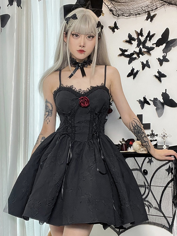 Goth Dark Tie Up Mall Gothic Elegant Women Dresses Grunge Aesthetic Jacquard A-Line Dress Emo Lace Trim Black Party Alt Clothes
