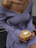V-neck Long Sleeved Sexy Short Dress Knitted Autumn Winter Solid Color A-line Backless Pleated Women Dresses Fall Fashion
