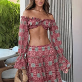 Pbong  Sexy Casual Floral Print Shoulder Bared Short Top Long Skirt Set Women's Cross-Border Clothing Polyester Fiber Floor-Length