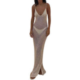 Pbong  Women's Summer Knitted Deep V Neck Cover Ups Crochet Cutout Backless Split Dress Hollow Out Bikini Swimsuit Sundress