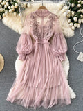 New Women Party Lace Flower Dress Gauze Lantern Sleeve Voile Long Dress Female Retro Hook Princess Dress 2 Piece Set