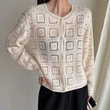 Crochet Cardigan for Women Sheer Openwork Button Front Pointelle Knit Jacket Tops Blouse French Chic Boho Vacation Outfit