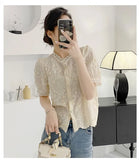Pbong  Cute Retro Lace Tops Summer Short Sleeve Button Basic Shirts Women Vintage Stand Collar Mesh Hollow Out Crochet Lace Top
