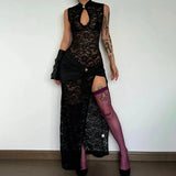 Pbong  Sexy Lace Hollow Out Sleeveless High Slit Vintage Bodycon See Through Women's Evening Party Club Dress