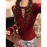 Half Lace Up Sweater for Women Long Sleeve Slim Fit Knitted Tops Pullovers Femal Lace-up Jumper Autumn Winter Y2K Outfit