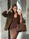 Women Fashion Brown Suede Coat Casual Lapel Long Sleeve Button With Pocket Jacket Lady Autumn Warm High Street Outerwear
