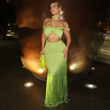 Pbong  Summer Trendy Tassel Splice Wrap Dress Empire Waist Ankle-Length Sleeveless Hanging Neck Style Women's Dress New Arrival