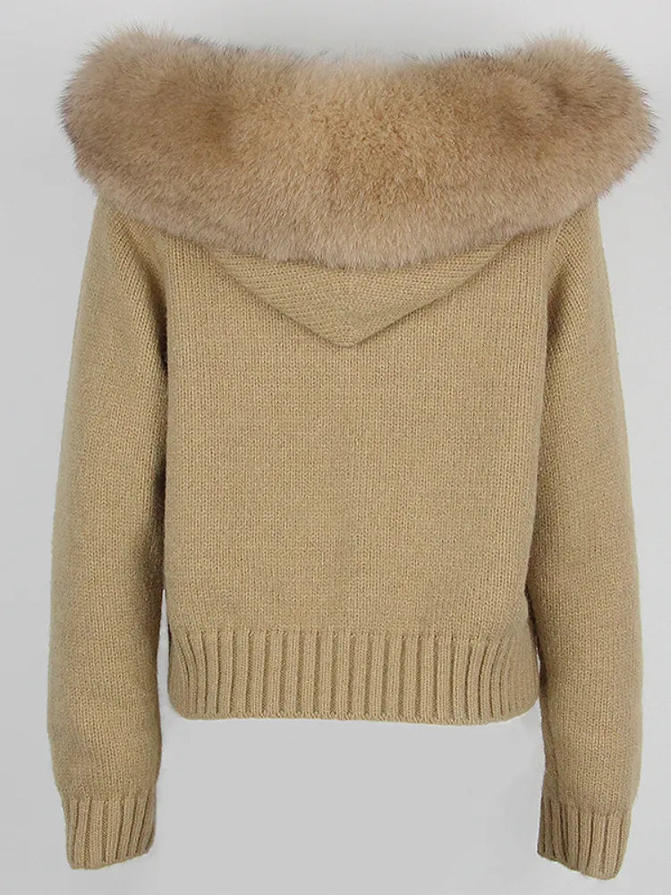 Fashion Autumn Winter Casual Hooded Real Fox Fur Collar Fashion Short Knitted Jacket with Natural Fur Coat for Women