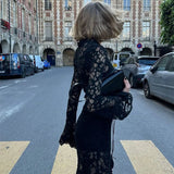Pbong  Women French Lace Sheer Tie Dress Jacquard Long Sleeve High Slit Slim Summer Dress Elegant Sexy Party Evening Vestidos Gown