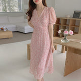 Pbong  Ele V-ne Bubble Sve Chiffon Dr Women's Mid-length Skirt Slimming Waist Cross Design Summer Commute Sle Floral P...