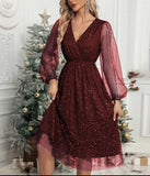 Pbong  Women's Elegant V-neck Slim Fit Solid Color Dress Patchwork Mesh Perspective Powder Spray Party Dress Formal Evening Gown