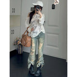 Pbong   Women's Flare Jeans Low Rise Stretch Ripped Denim Pants Japanese Harajuku Abi Y2k American Retro Punk Grunge Bootcut Jean