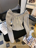 Autumn Winter Woman Slim Pullovers Slash Neck Sweater Long Sleeve Knitwear 2000s Aesthetic Korean Fashion Vintage Cute Core Chic