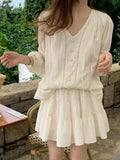 Casual Beige Vacation Spring Summer Outfits Lantern Sleeve Blouse And Short Skirt Two Piece Set 2025 New Top Pleat Skirt Suit