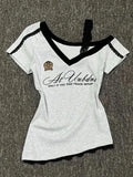 White-Gray Lace Sport Sexy Summer Off shoulder Top Women Y2k V neck Short sleeve T shirt Fashion Korean Lady Basic Tees 2025 New