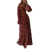 Pbong  Sexy Casual Floral Print Shoulder Bared Short Top Long Skirt Set Women's Cross-Border Clothing Polyester Fiber Floor-Length