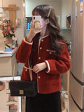 Red Faux Lamb Sweet Coat Women Korean Long Sleeve Winter Warm Jacket Vintage Casual O Neck Elegant Pearls Buttons Cute Tops