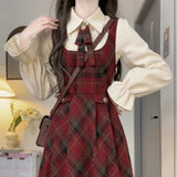 Pbong  Single Piece School Style Japanese Plaid Strap Dress Women Student Waist Cinching Slimming Midi Length Overalls Skirt Set