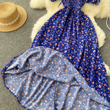 Pbong  Romantic Floral Print Long Dress  New Summer Off Shoulders Puff Sleeve Big Swing Women Dress Korean Party Vestidos