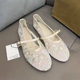 Pbong  Fashion Floral Embroidery Mesh Mary Janes Women Ballet Flats Comfortable Soft Soles Summer Casual Loafers Female Walking Shoes