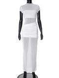 Mesh Splice Long Dress For Women Short Sleeve Slim See Through Ruched Dress Sexy Elegant Solid Evening Party Dress Female