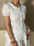 Women's Button Down Shirts Stylish Ruffled Trim Crew Neck Short Sleeve Slim Fit Tops Casual Y2K Gothic Blouse for Summer
