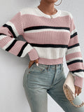 autumn and winter hot sale new acrylic loose drop shoulder round neck color matching knitted long sleeve ladies sweater