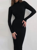 New Autumn Knitted Turtleneck Dress Women Long Sleeve Bodycon Midi Dresses Female Elegant Fashion Solid Color Skinny Dress