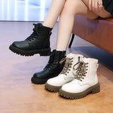 New Fashion Thick Sole Women's Boots Large Size Women's Shoes Black Keep Warm Fleece Platform Lace-up Ankle Boots 4875