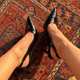 Pbong  Black Closed-Toe High Heels for Women, New Spring and Autumn Patent Leather Backless Shoes, Stiletto French-Style High Heels Sandals