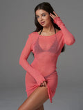Thin Transparent Knit Tight Short Dress Sexy Backless Bikini Swimsui Cover-ups 2025 New Long Sleeve O-neck Sheer Summer Dress