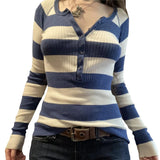 Pbong  y2k Fairycore Top Vintage Aesthetic Women Striped Button Round Neck Long Sleeve Knitted Tshirt 2000s Clothes Streetwear