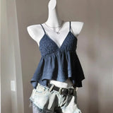 Pbong  Casual Euramerican Beach Style Lazy Tank Tops Harajuku Y2k Sweet Exquisite Lace Hollow Out Tees Pleated Punk Spice Girl Clothes