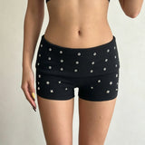 Pbong  Women's Casual Eyelets Flip Back Knitted Shorts Y2K Aesthetics Slimming Metal Diamond Decorate Mini Bottom Summer Versatile Wear